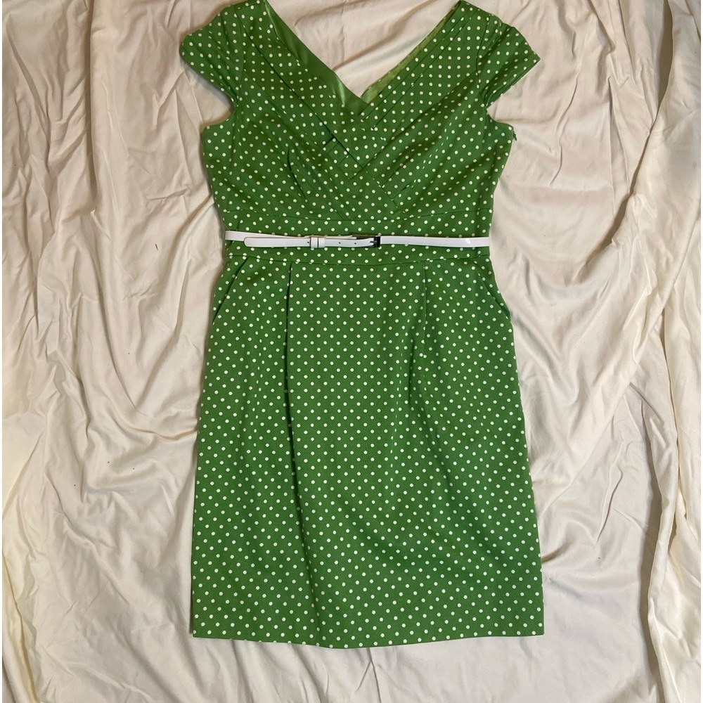 Tahari ASL green polka dot dress size 14
